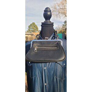 Black Leather Kiss Lock Handbag With Chain Strap & Front Zipper Pocket